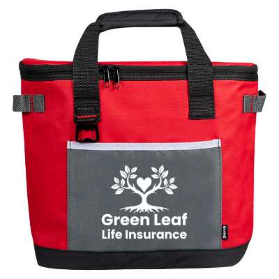 Red cooler with custom logo.