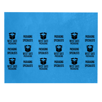 Blue tissue paper with a branded logo.