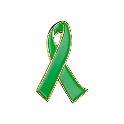 Green metal lapel pin with a branded logo.