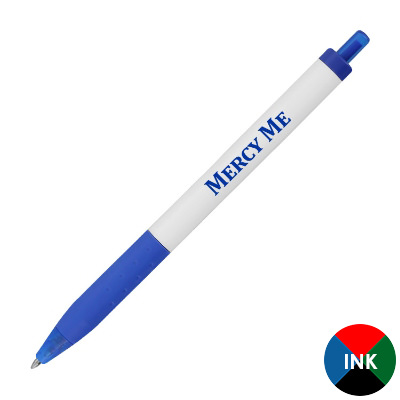 Blue plastic pen with a custom imprint.