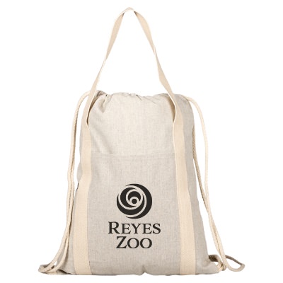 Recycled cotton drawstring bag with personalized imprint.