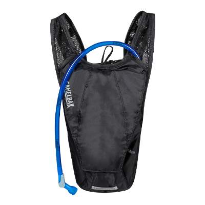 Blank nylon and recycled polyester black hydration backpack.