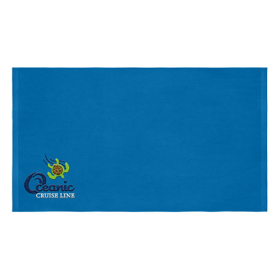 Blue beach towel with custom embroidered imprint.