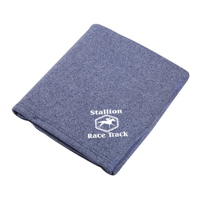 Heathered gray fleece blanket with custom design.