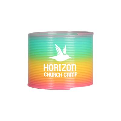 Rainbow plastic glow spring with a branded logo.