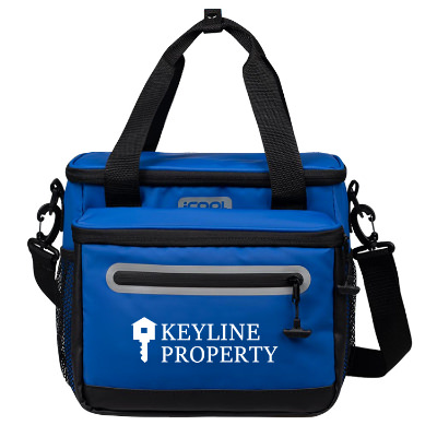 Blue tarpaulin cooler with a personalized logo.