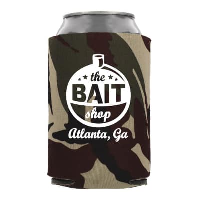 Foam camo can cooler with custom logo.