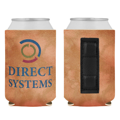 Patterend can cooler with custom full color imprint.