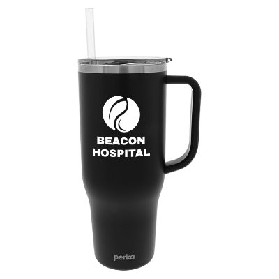 Stainless steel travel mug with a custom logo.