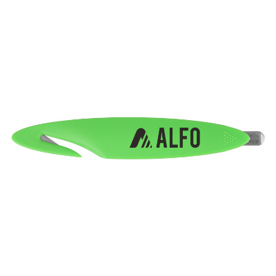Green plastic letter opener with a branded logo.