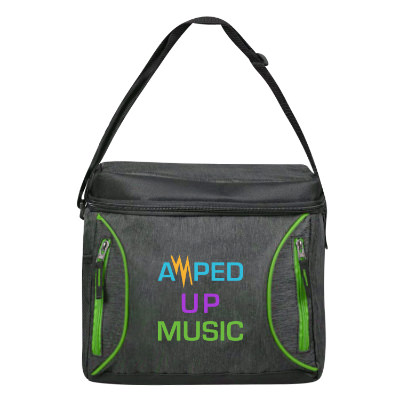Lime green polyester cooler with a personalized imprint.