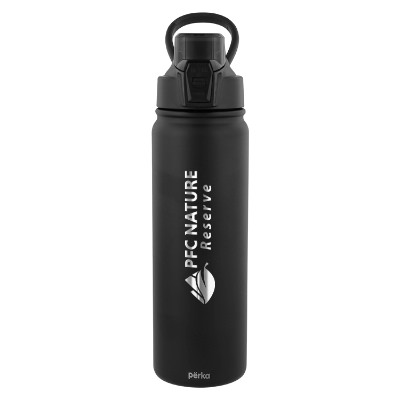 Stainless black water bottle with custom engraved logo.