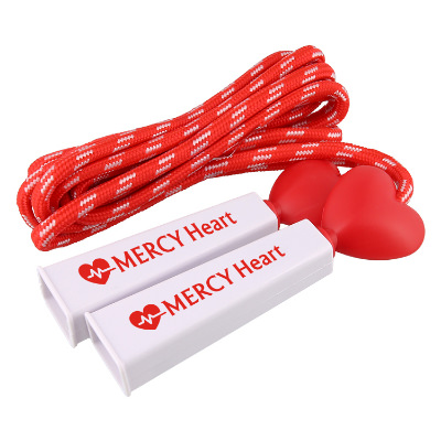 Plastic red jump rope with custom logo on handle.