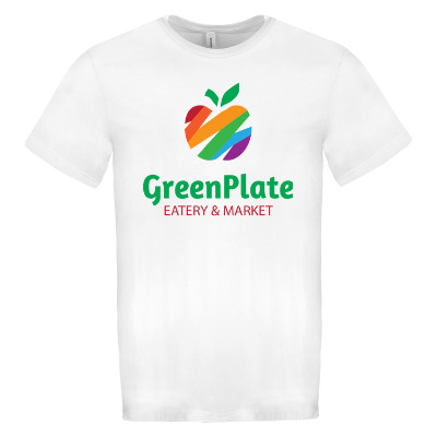 White eco tee with custom full color logo.