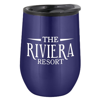 Blue wine tumbler with custom imprint.