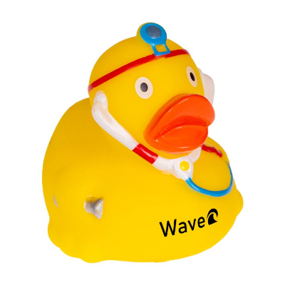 Yellow rubber duck with a customized logo.