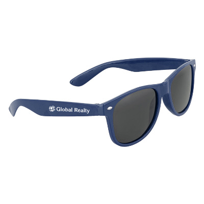 Black plastic sunglasses with a custom logo.