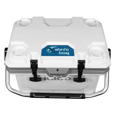 White polypropylene cooler with a branded logo.