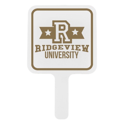 White plastic hand fan with a custom logo.