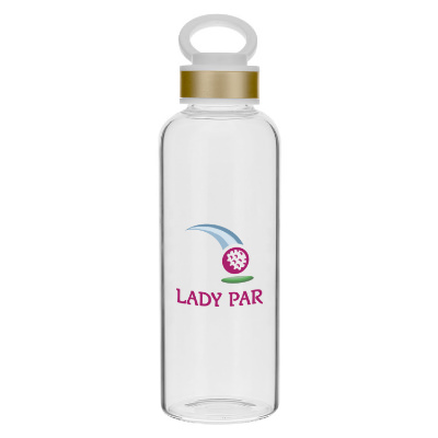 Glass bottle with gold lid and custom full color logo in 18 oz.