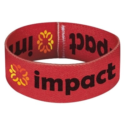 White elastic wristband with a customized logo.