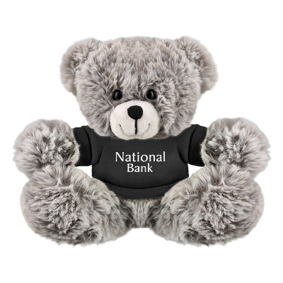 Plush and cotton gray bear with a black t-shirt with a personalized logo.