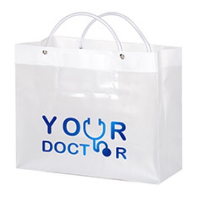Plastic frosted clear foil stamped tote bag custom imprinted.