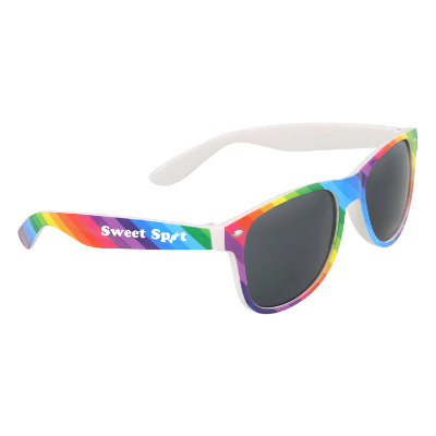 Rainbow plastic sunglasses with a personalized imprint.