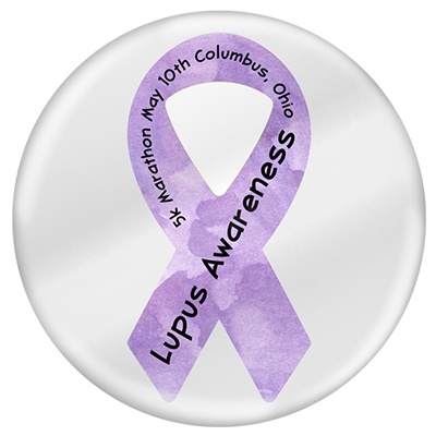 Celluloid white full color button with a custom imprint.