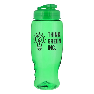 Plastic translucent blue water bottle with custom imprint and flip top lid in 27 ounces.