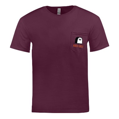 Full color logo on maroon pocket t-shirt.