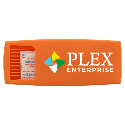 Orange plastic bandage dispenser with a branded imprint.