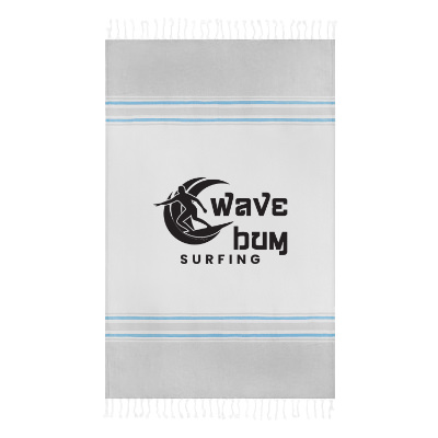 White striped beach towel with custom imprint.