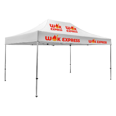 White 15-ft. tent with custom imprint in 4 locations.