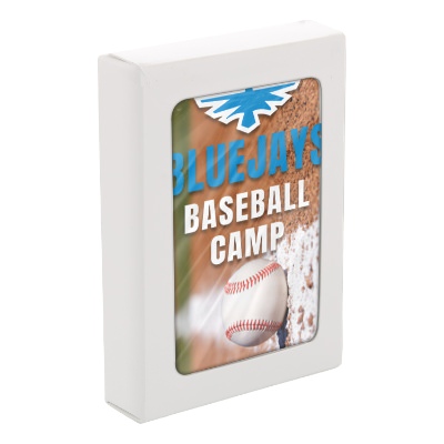 Baseball paper playing cards with a branded logo.