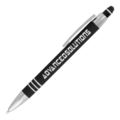 Black metal pen with a personalized logo.