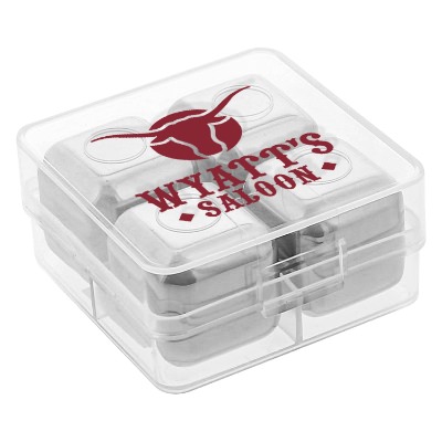 Stainless ice cube with custom logo.