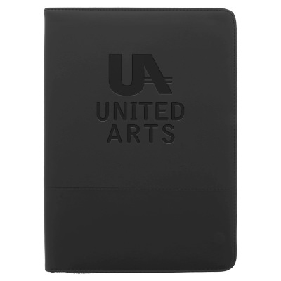 Black script zippered padfolio with custom debossed logo.