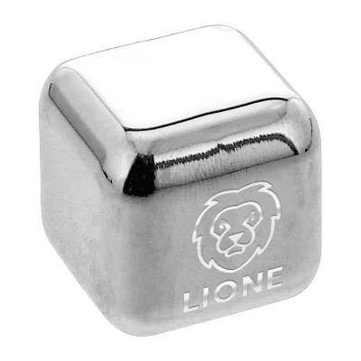 Stainless ice cube with custom logo.