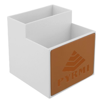Brown plastic desk caddy with laser engraved imprint.