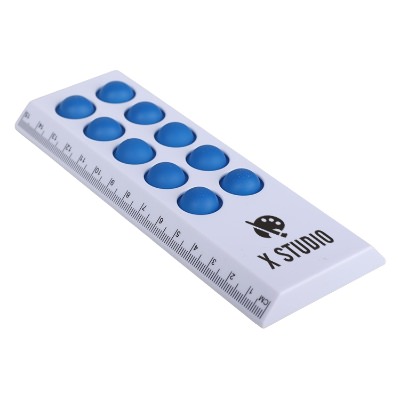 Blue plastic pop-it with a personalized logo.