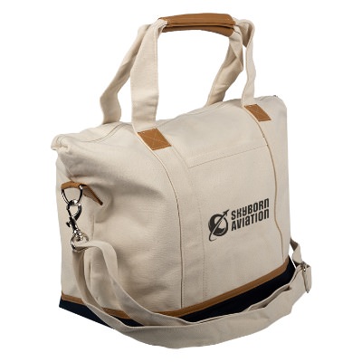 Natural cotton duffel bag with black personalized imprint.