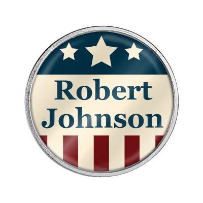 Silver brass lapel pin with a branded imprint.