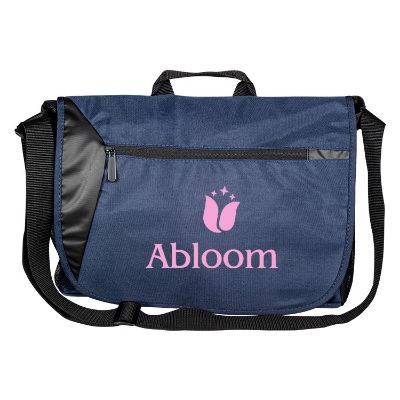 Blue messenger bag with zipper and custom imprint.
