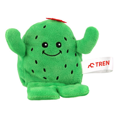 Green plush phone holder with a custom logo.
