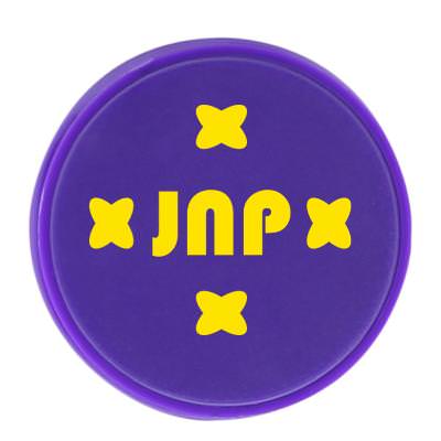 Purple plastic phone holder with a personalized imprint.