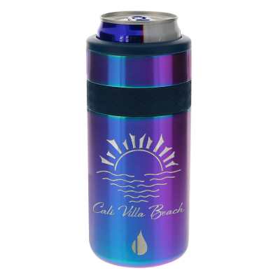 Stainless iridescent slim can cooler with custom engraved imprint.
