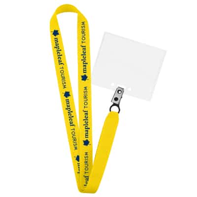 3/4 inch gray grosgrain polyester lanyard with custom logo, fixed bulldog clip and horizontal ID holder.