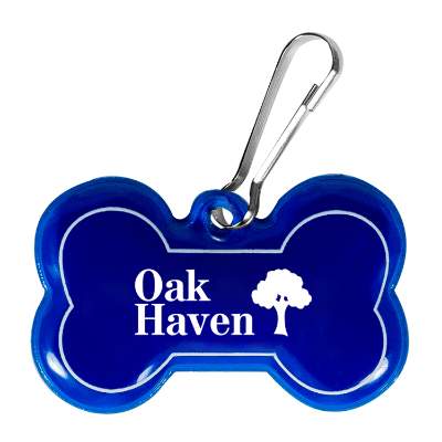 Blue dog bone collar tag with custom imprint.