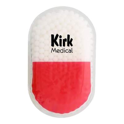 Plastic red hot and cold pack with a personalized logo.
